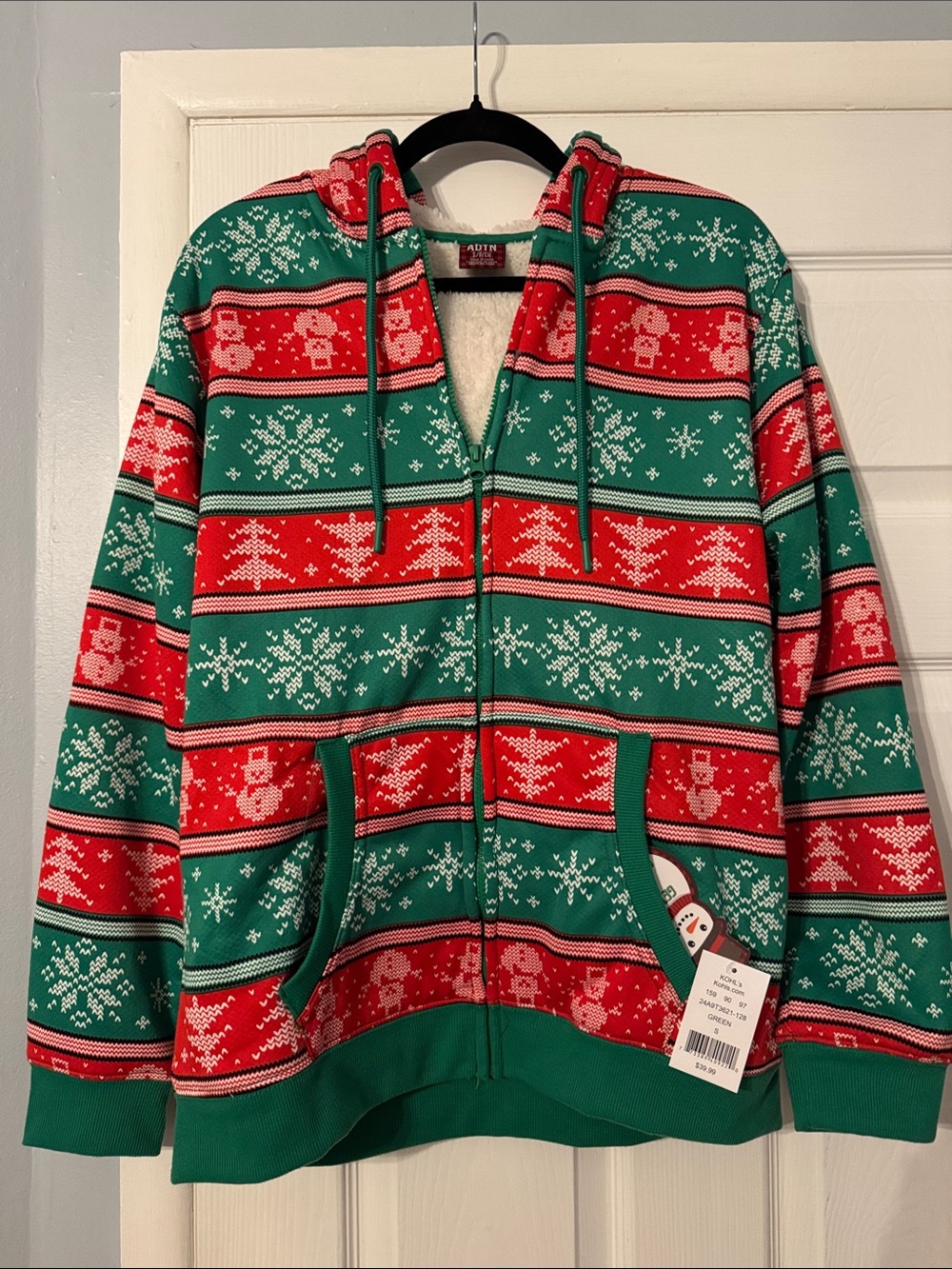 ADT Men’s Red & Green Holiday Sherpa Lined Zip-Up Hoodie